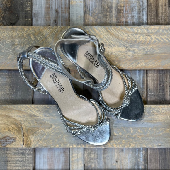 EUC [Michael Kors] Braided < Palm Beach > Silver Strappy Cork Wedge Sandals | 7 - Picture 3 of 13